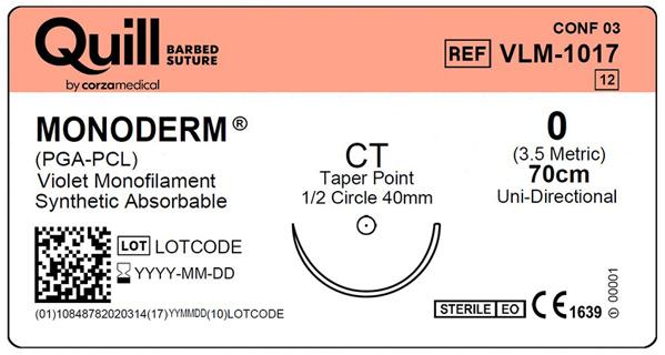 Монодерм (Monoderm), фіолетовий, 0,70см (cm), колюча голка (Taper Point), CT (40мм (mm) 1/2 кола), односпрямований